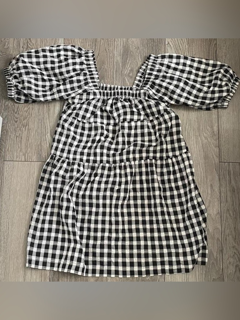 Off-Shoulder Black and White Gingham Mini Dress